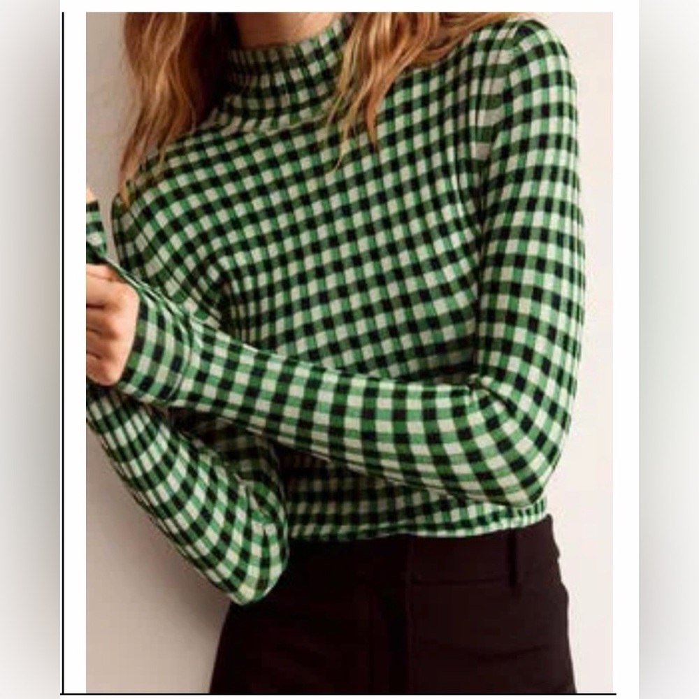 Boden Green and Black Gingham Long-Sleeve Mock Neck Top